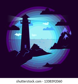 Lighthouse by the sea.Beautiful vector illustration of a lighthouse in a rocky area by the sea on the background of the rising moon. Illustration is perfect as a logo and as an icon.