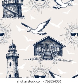 Lighthouse, cabin and sunny holiday and vacation seamless pattern