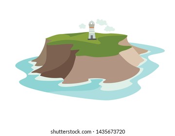 
Lighthouse and cape  vector illustration. Nature landscape island flat cartoon style draw icon sign isolated on white background
