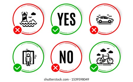 Lighthouse, Car and Elevator icons simple set. Yes no check box. Bike rental sign. Navigation beacon, Transport, Lift. Bicycle. Transportation set. Lighthouse icon. Check mark. Vector