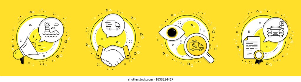 Lighthouse, Car service and Truck delivery line icons set. Megaphone, licence and deal vector icons. Parking sign. Navigation beacon, Repair service, Car park. Transportation set. Vector