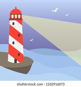 Lighthouse cartoon flat vector illustration. Stylized seascape with a lighthouse and rays from it.