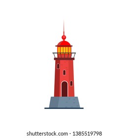 Lighthouse cartoon illustration. Red tower with steeple. Navigation concept. Vector illustration can be used for topics like sea, nautical, safety