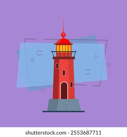 Lighthouse cartoon illustration. Red tower with steeple. Navigation concept. Vector illustration can be used for topics like sea, nautical, safety