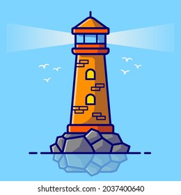 Lighthouse Cartoon Vector Icon Illustration. Building Outdoor Icon Concept Isolated Premium Vector. Flat Cartoon Style