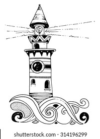 lighthouse castle fairytale icon waves circular window