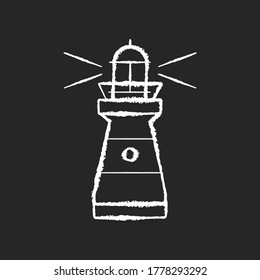 Lighthouse chalk white icon on black background. Traditional maritime navigational landmark. Warning sign for sailors. Tall building with bright searchlight isolated vector chalkboard illustration