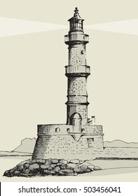 Lighthouse in Chania, Crete, hand drawn illustration