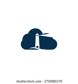 Lighthouse cloud shape concept vector logo design. Waves Lighthouse icon logo design vector template illustration.