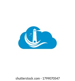 Lighthouse cloud shape concept vector logo design. Waves Lighthouse icon logo design vector.