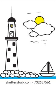Lighthouse, Clouds, Bird, Sun and Boat Vector Format, Nature Pattern Texture Background