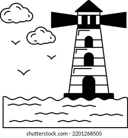 Lighthouse with Clouds and Birds Concept, Coastal navigation Vector Icon Design, Travel and Tourism Symbol, Holiday and Vacation Sign, Discovery and exploration Stock illustration,