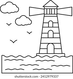 Lighthouse with Clouds and Birds Concept, Coastal navigation Vector Design, Wandering and Leisure Symbol, Touring and Pleasure Sign, Odyssey and Escapade Stock illustration,