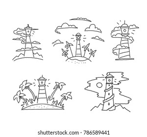 lighthouse in the clouds fog beacon seamark Islands and palm ocean illustration sea tourism adventure. Hand drawn vector stock illustration.