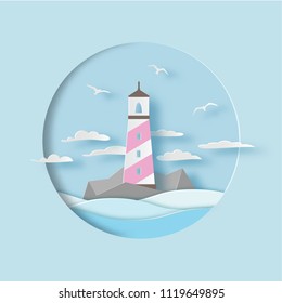 Lighthouse with clouds, gulls and waves. Sea landscape, cartoon marine background. Paper cut out style.  Carving art. Vector illustration