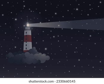 The lighthouse in the clouds in the sky, fantasy background, night landscape, stars, beam of light, vector illustration