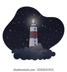 The lighthouse in the clouds in the sky, fantasy background, night landscape, stars, beam of light, vector illustration, on the white background