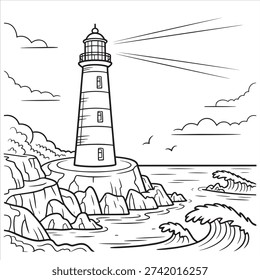 Lighthouse Coastal Ocean Waves Nautical Landscape Drawing Illustration
