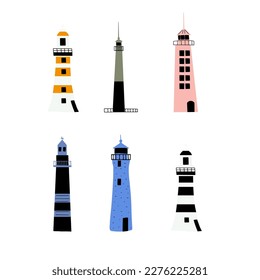 Lighthouse. Coastline architecture building. Beacon with windows. Vector illustration