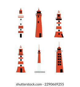 Lighthouse. Coastline architecture building. Beacon with windows. Vector illustration