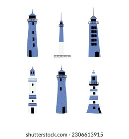 Lighthouse. Coastline architecture building. Beacon with windows. Vector illustration