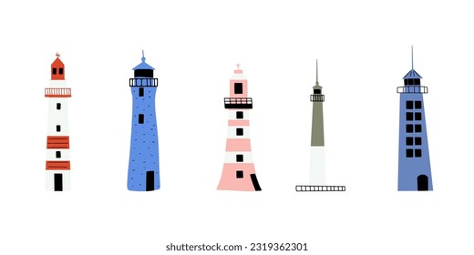 Lighthouse. Coastline architecture building. Beacon with windows. Vector illustration