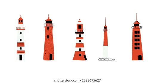 Lighthouse. Coastline architecture building. Beacon with windows. Vector illustration