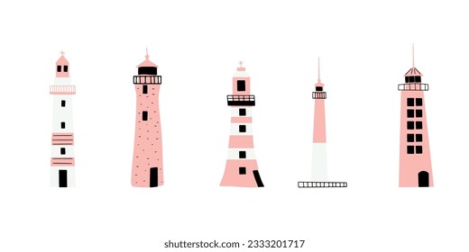 Lighthouse. Coastline architecture building. Beacon with windows. Vector illustration