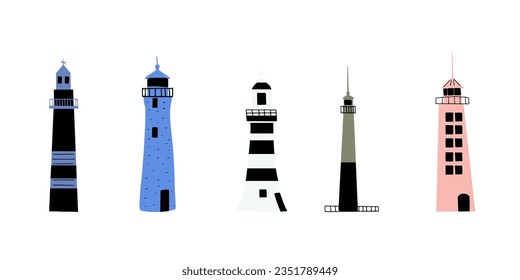 Lighthouse. Coastline architecture building. Beacon with windows. Vector illustration