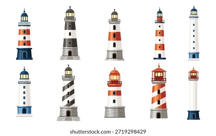 Leuchtturm-Kollektion in verschiedenen Stilen. Gestreifte Türme in Rot, Weiß, Blau. Schifffahrtsgebäude für nautische und Küstenillustrationen. Vektorgrafik einzeln auf Weiß
