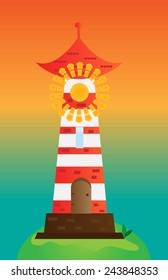 Lighthouse, colorful background, situated on a hill