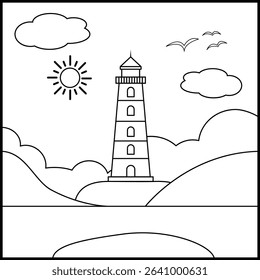 Lighthouse coloring book page for adults and kids