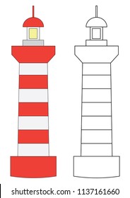 Lighthouse. Coloring page, game for kids. Vector illustration.