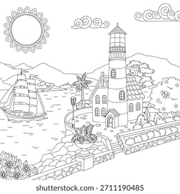 Imagen de ilustración de página para colorear de faro