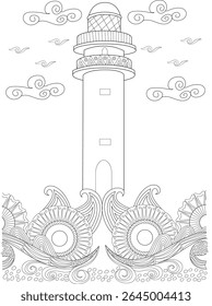 Lighthouse coloring page line art. Stylized clouds, decorative waves. Black and white outline for adult coloring books, relaxation, creative projects, maritime, nautical themes.