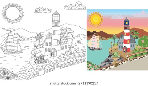 Página de coloração de farol com miniatura de cores