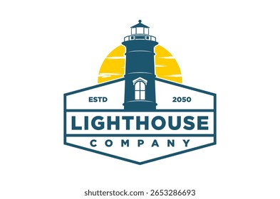 O logotipo da Lighthouse Company apresenta uma silhueta de farol estilo vintage contra um sol amarelo.