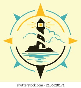 Lighthouse And Compas Silhouette Vector Illustration