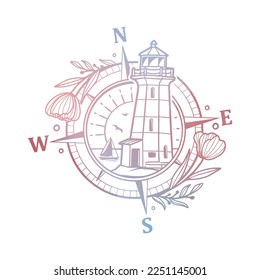 Lighthouse Compass Illustration Clip Art Design Shape. Nautical Flowers Silhouette Icon Vector.