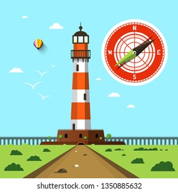 Lighthouse with Compass on Sky Vector Flat Design Landscape