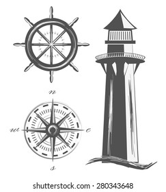 lighthouse, compass, steering wheel