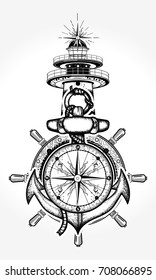 Lighthouse and compass tattoo and t-shirt design. Symbol of maritime adventure, tourism, travel 