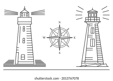 Lighthouse and compass vector icon set. Black line art. Simple illustration with lighthouses and navigation compass. 