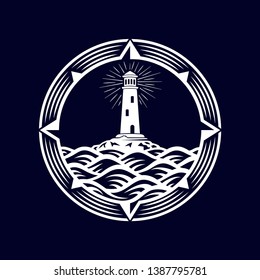 Lighthouse, Compass, Wave, Circle Logo Design Template. Vector and Illustration.