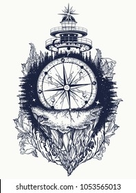 Lighthouse and compass,mountains tattoo and t-shirt design. Adventure, travel, outdoors, symbol 