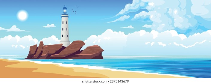 Lighthouse composition with landscape view of marine beach with cliff island and light tower on top vector illustration
