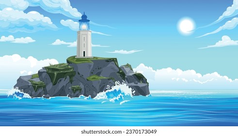 Lighthouse composition with outdoor landscape of sea with rock island and single tower building on it vector illustration