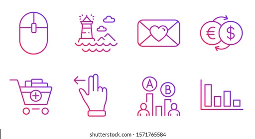 Lighthouse, Computer mouse and Valentine line icons set. Touchscreen gesture, Add products and Ab testing signs. Money exchange, Histogram symbols. Navigation beacon, Pc equipment. Vector
