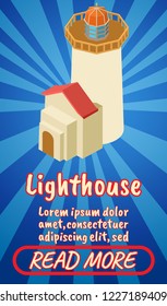 Lighthouse concept banner. Isometric banner of lighthouse comics vector concept for web, giftcard and postcard