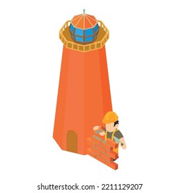 Lighthouse construction icon isometric vector. Worker laying brick near beacon. Construction site, bricklaying